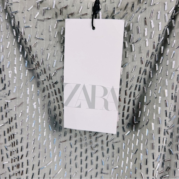 ZARA Gray Silver Beaded Spaghetti Strap Mini Dress S NWT - Picture 6 of 13